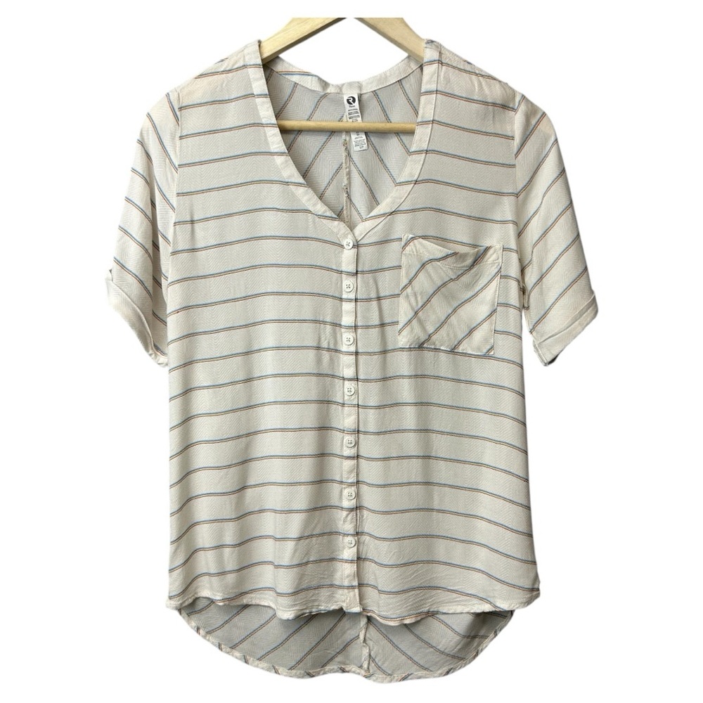 Ripzone Striped V Neck Short Sleeve Button Down Size Small